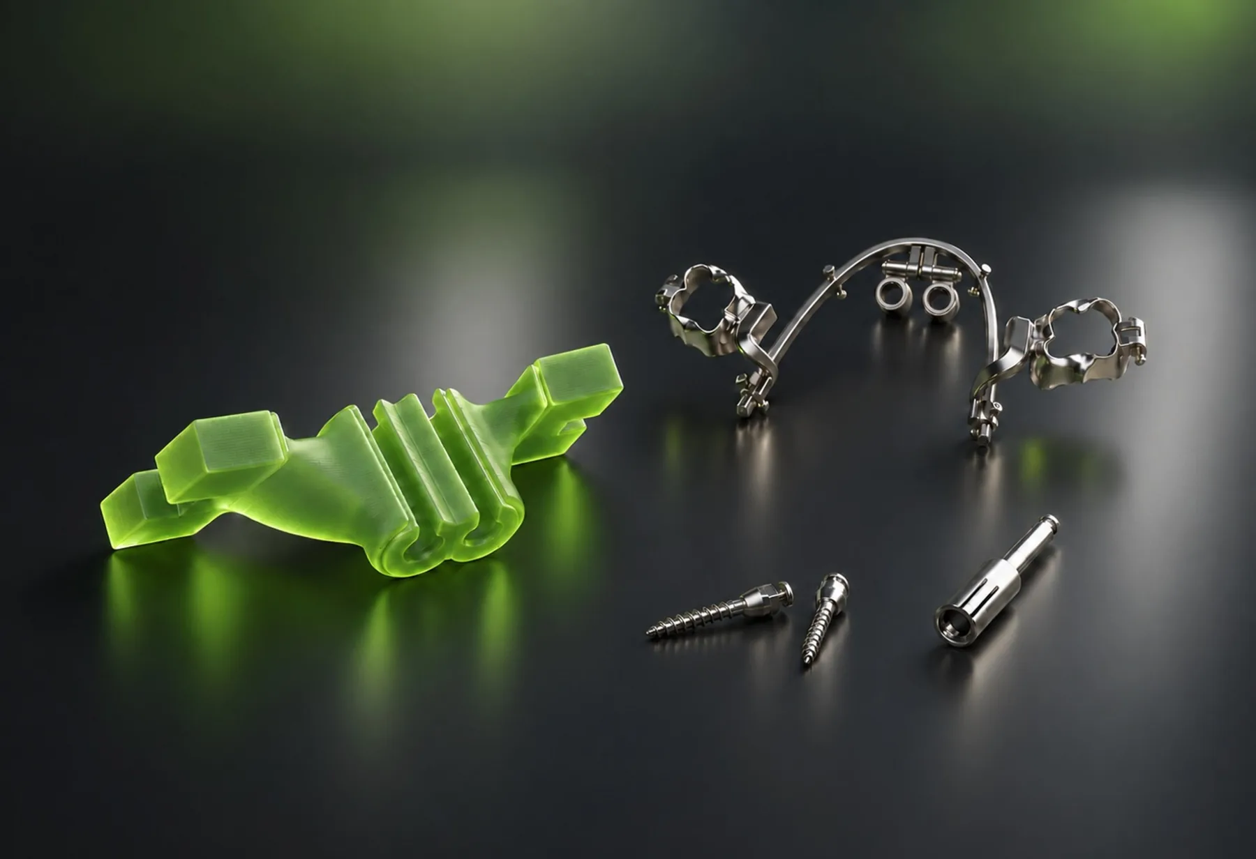 3D printed surgical guide beside a TAD-supported appliance, anchorage screws and a driver