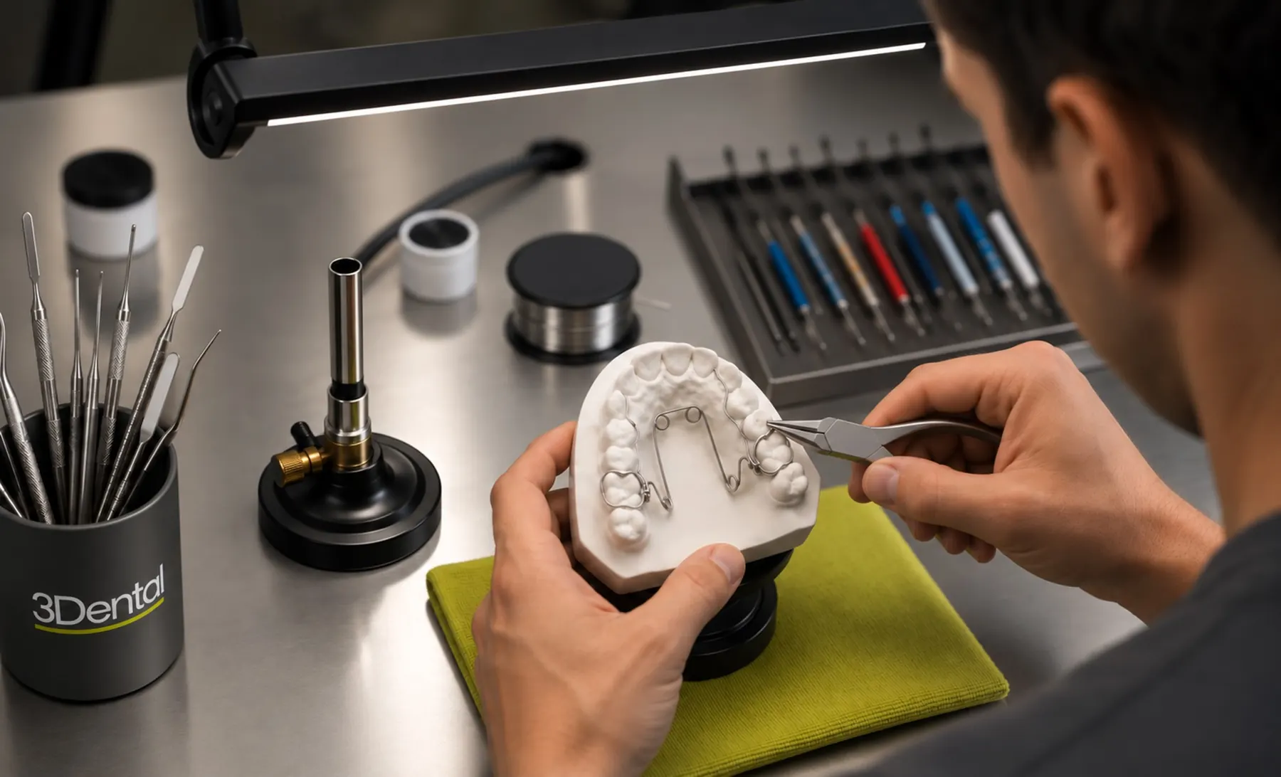 A technician shaping a wire appliance on a plaster model with pliers at the bench, under a task lamp